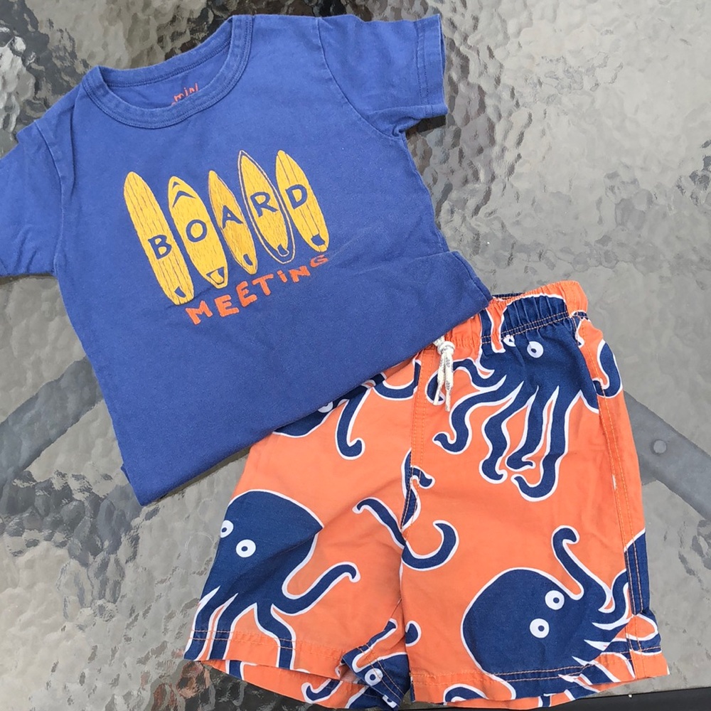 Boys Mini Boden Swim Trunks & Tee Size 2-3 & 3-4